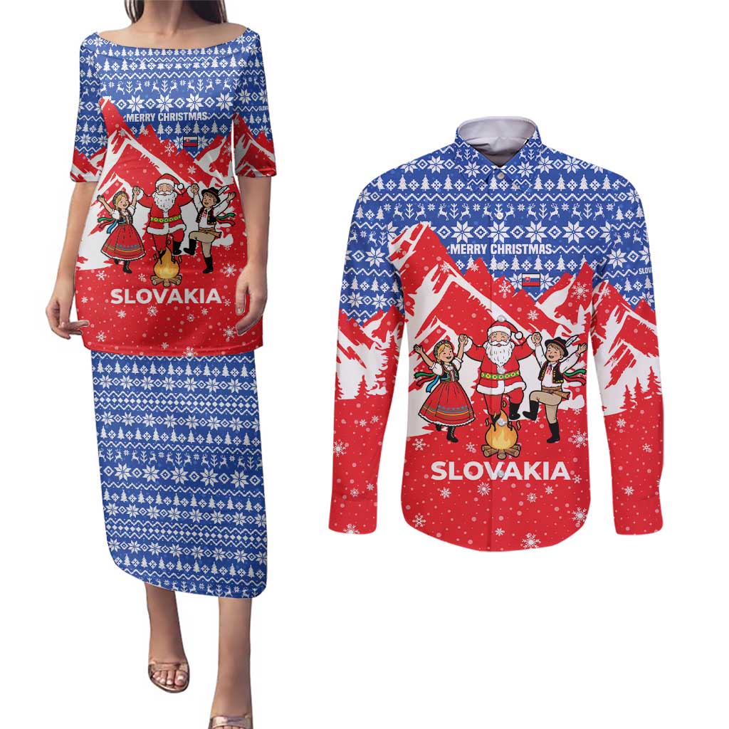 Slovakia Christmas Couples Matching Puletasi and Long Sleeve Button Shirt with Santa and Dancers by Campfire Snowy Mountains and Red Blue Snowflake Pattern Design - Wonder Print Shop