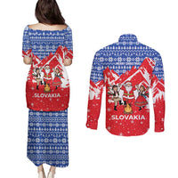 Slovakia Christmas Couples Matching Puletasi and Long Sleeve Button Shirt with Santa and Dancers by Campfire Snowy Mountains and Red Blue Snowflake Pattern Design - Wonder Print Shop