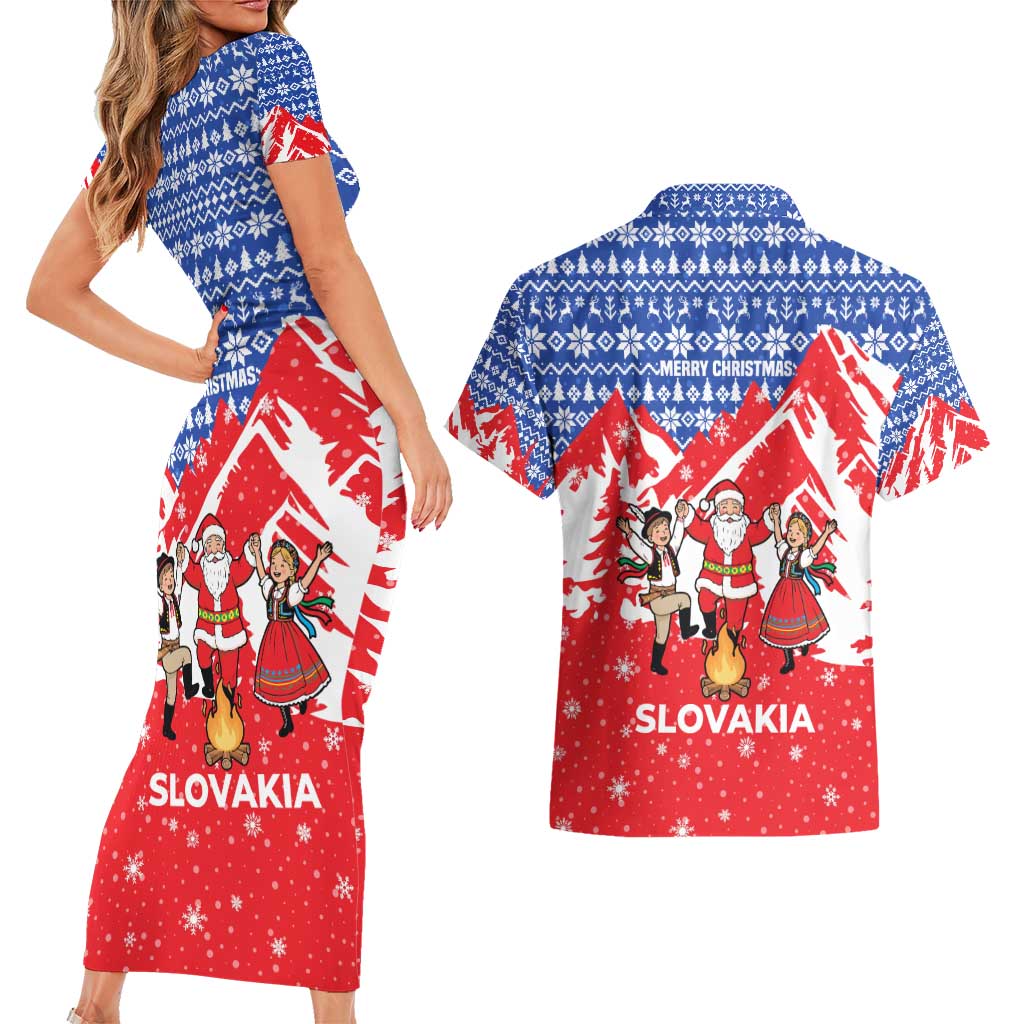 Slovakia Christmas Couples Matching Short Sleeve Bodycon Dress and Hawaiian Shirt with Santa and Dancers by Campfire Snowy Mountains and Red Blue Snowflake Pattern Design - Wonder Print Shop