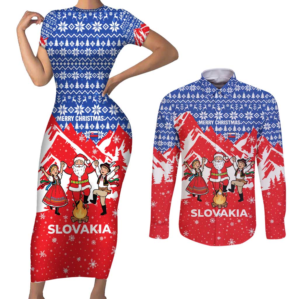 Slovakia Christmas Couples Matching Short Sleeve Bodycon Dress and Long Sleeve Button Shirt with Santa and Dancers by Campfire Snowy Mountains and Red Blue Snowflake Pattern Design - Wonder Print Shop