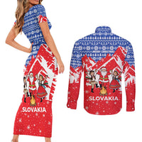 Slovakia Christmas Couples Matching Short Sleeve Bodycon Dress and Long Sleeve Button Shirt with Santa and Dancers by Campfire Snowy Mountains and Red Blue Snowflake Pattern Design - Wonder Print Shop