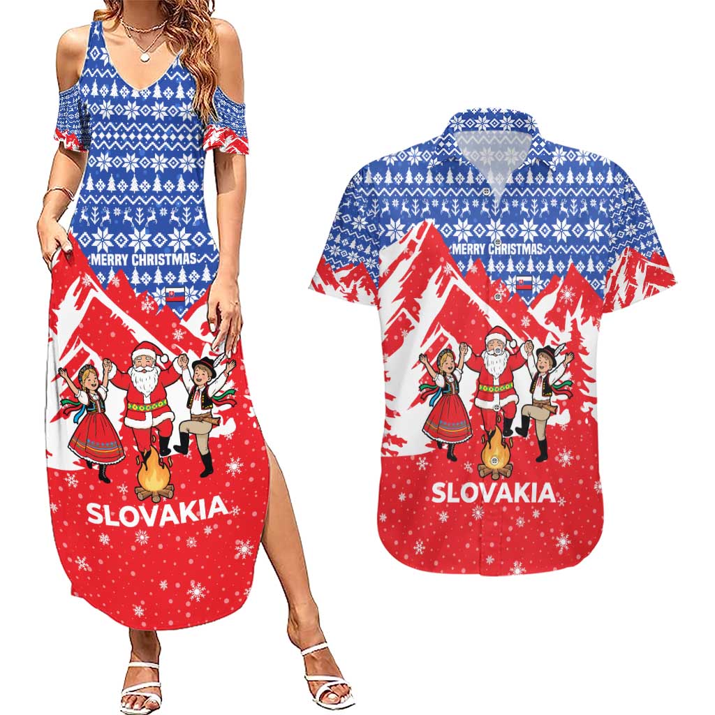 Slovakia Christmas Couples Matching Summer Maxi Dress and Hawaiian Shirt with Santa and Dancers by Campfire Snowy Mountains and Red Blue Snowflake Pattern Design - Wonder Print Shop