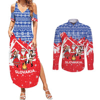Slovakia Christmas Couples Matching Summer Maxi Dress and Long Sleeve Button Shirt with Santa and Dancers by Campfire Snowy Mountains and Red Blue Snowflake Pattern Design - Wonder Print Shop