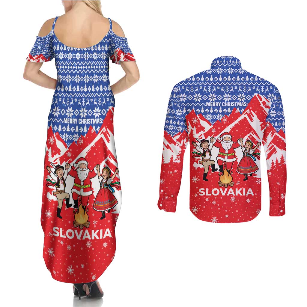 Slovakia Christmas Couples Matching Summer Maxi Dress and Long Sleeve Button Shirt with Santa and Dancers by Campfire Snowy Mountains and Red Blue Snowflake Pattern Design - Wonder Print Shop