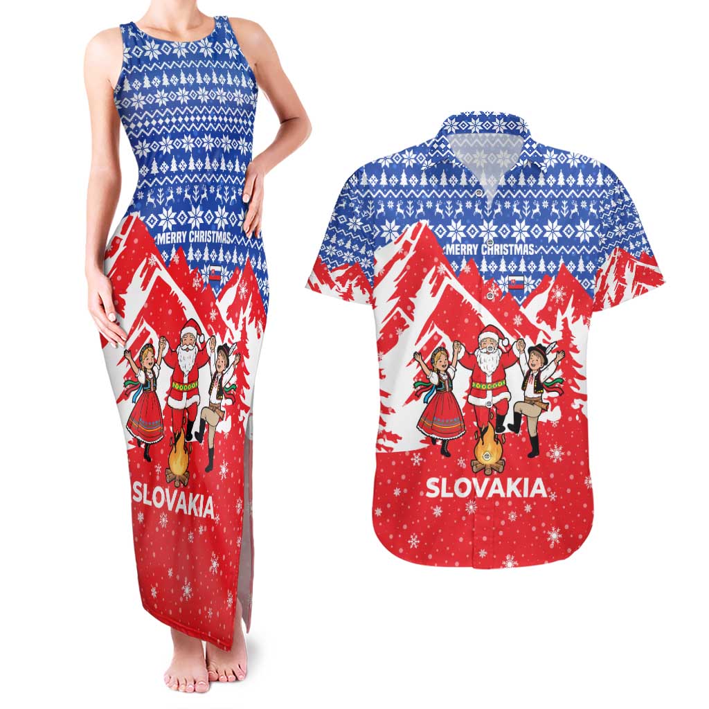 Slovakia Christmas Couples Matching Tank Maxi Dress and Hawaiian Shirt with Santa and Dancers by Campfire Snowy Mountains and Red Blue Snowflake Pattern Design - Wonder Print Shop