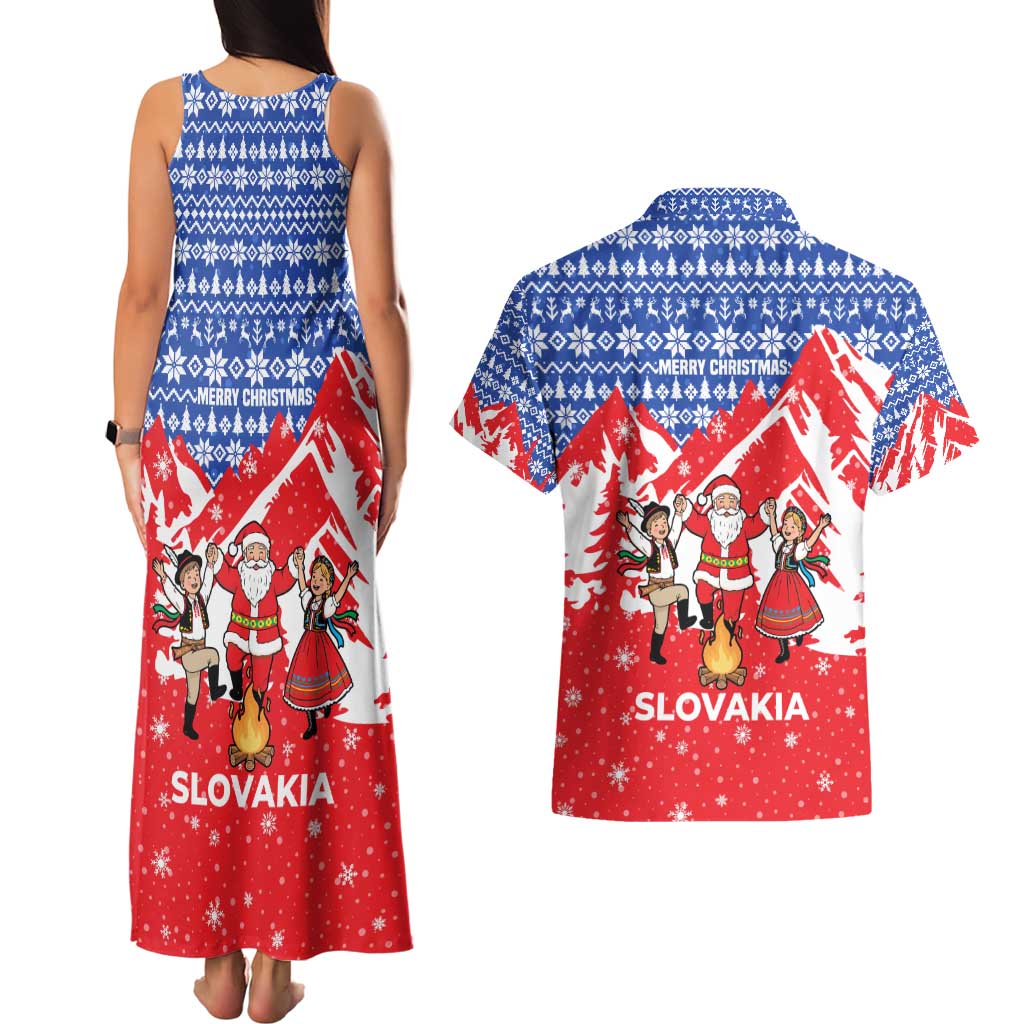 Slovakia Christmas Couples Matching Tank Maxi Dress and Hawaiian Shirt with Santa and Dancers by Campfire Snowy Mountains and Red Blue Snowflake Pattern Design - Wonder Print Shop