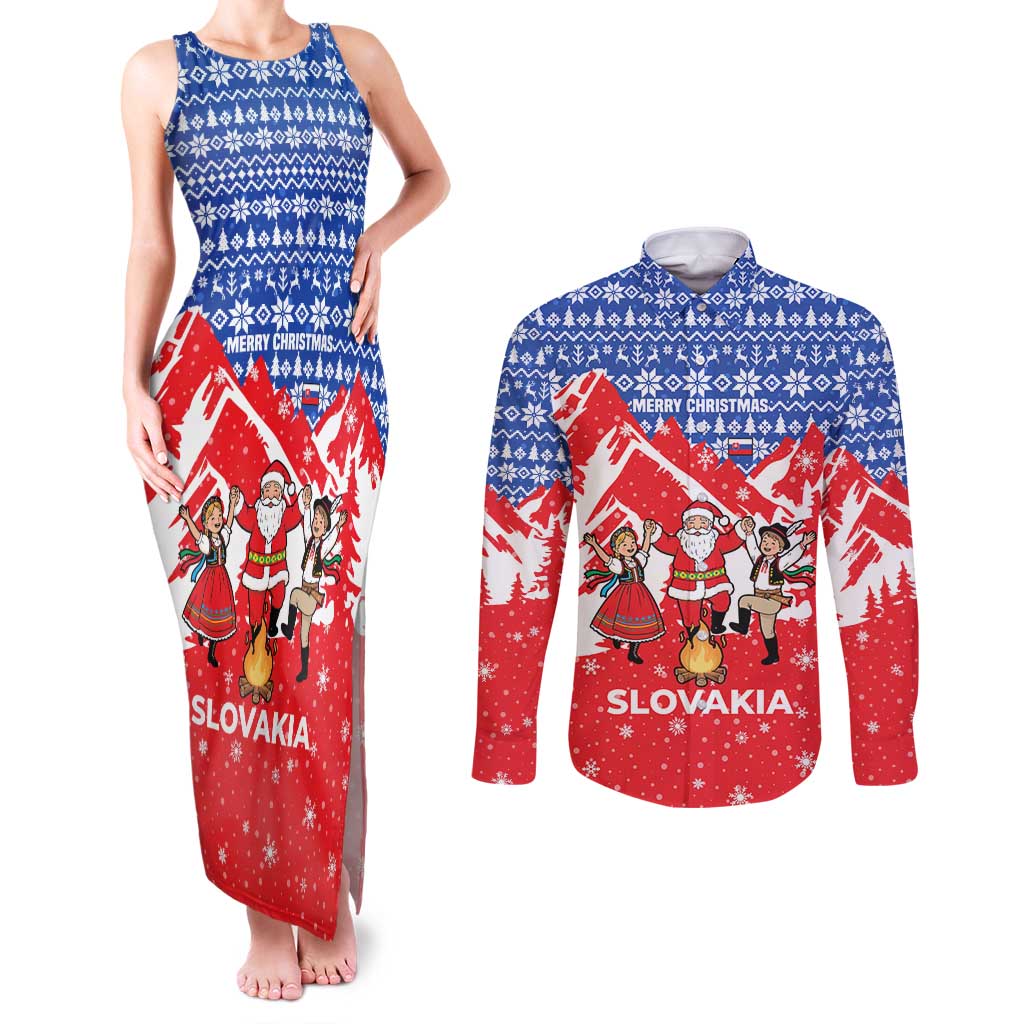 Slovakia Christmas Couples Matching Tank Maxi Dress and Long Sleeve Button Shirt with Santa and Dancers by Campfire Snowy Mountains and Red Blue Snowflake Pattern Design - Wonder Print Shop