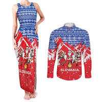Slovakia Christmas Couples Matching Tank Maxi Dress and Long Sleeve Button Shirt with Santa and Dancers by Campfire Snowy Mountains and Red Blue Snowflake Pattern Design - Wonder Print Shop