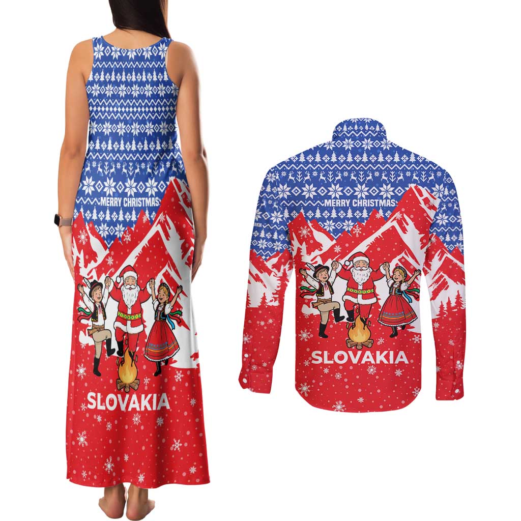 Slovakia Christmas Couples Matching Tank Maxi Dress and Long Sleeve Button Shirt with Santa and Dancers by Campfire Snowy Mountains and Red Blue Snowflake Pattern Design - Wonder Print Shop