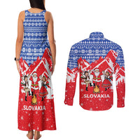 Slovakia Christmas Couples Matching Tank Maxi Dress and Long Sleeve Button Shirt with Santa and Dancers by Campfire Snowy Mountains and Red Blue Snowflake Pattern Design - Wonder Print Shop