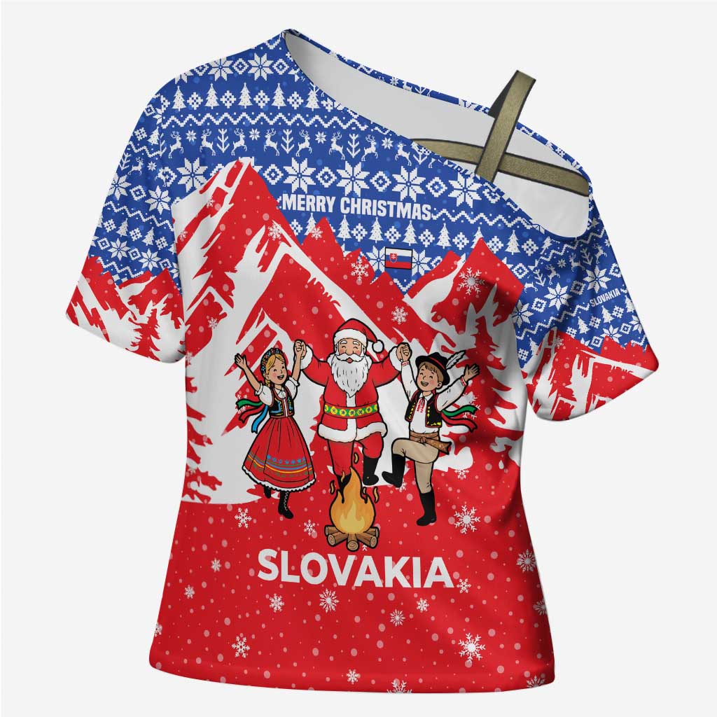 Slovakia Christmas Cross Shoulder Shirt with Santa and Dancers by Campfire Snowy Mountains and Red Blue Snowflake Pattern Design - Wonder Print Shop