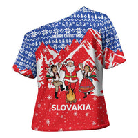 Slovakia Christmas Cross Shoulder Shirt with Santa and Dancers by Campfire Snowy Mountains and Red Blue Snowflake Pattern Design - Wonder Print Shop
