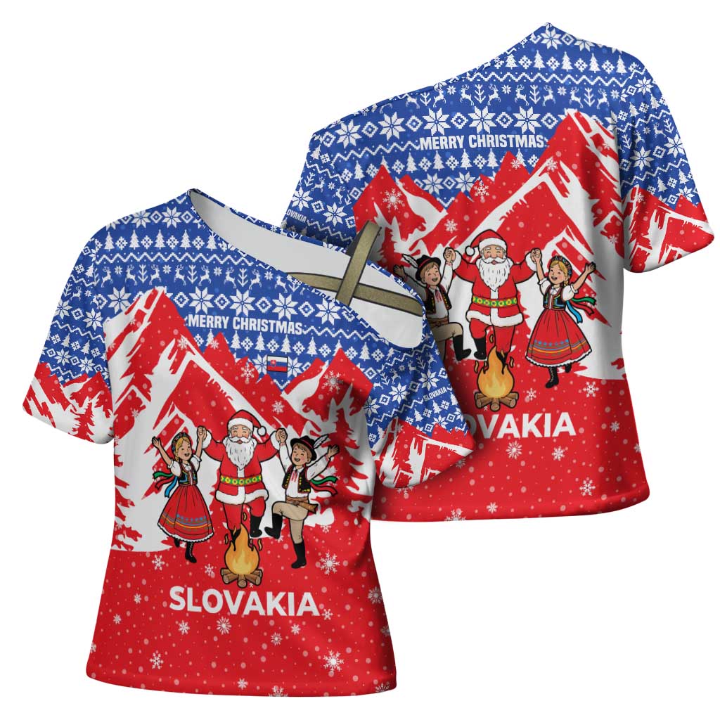 Slovakia Christmas Cross Shoulder Shirt with Santa and Dancers by Campfire Snowy Mountains and Red Blue Snowflake Pattern Design - Wonder Print Shop