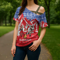 Slovakia Christmas Cross Shoulder Shirt with Santa and Dancers by Campfire Snowy Mountains and Red Blue Snowflake Pattern Design - Wonder Print Shop