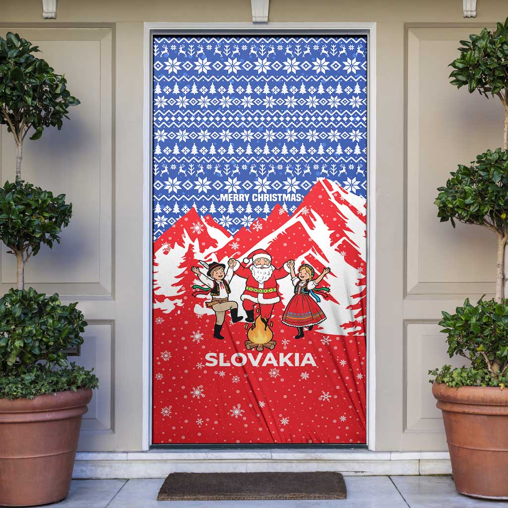 Slovakia Christmas Door Cover with Santa and Dancers by Campfire Snowy Mountains and Red Blue Snowflake Pattern Design - Wonder Print Shop