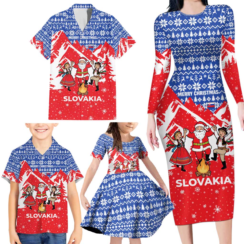 Slovakia Christmas Family Matching Long Sleeve Bodycon Dress and Hawaiian Shirt with Santa and Dancers by Campfire Snowy Mountains and Red Blue Snowflake Pattern Design - Wonder Print Shop