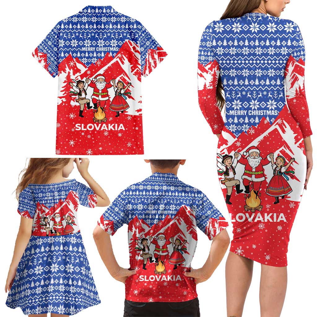 Slovakia Christmas Family Matching Long Sleeve Bodycon Dress and Hawaiian Shirt with Santa and Dancers by Campfire Snowy Mountains and Red Blue Snowflake Pattern Design - Wonder Print Shop