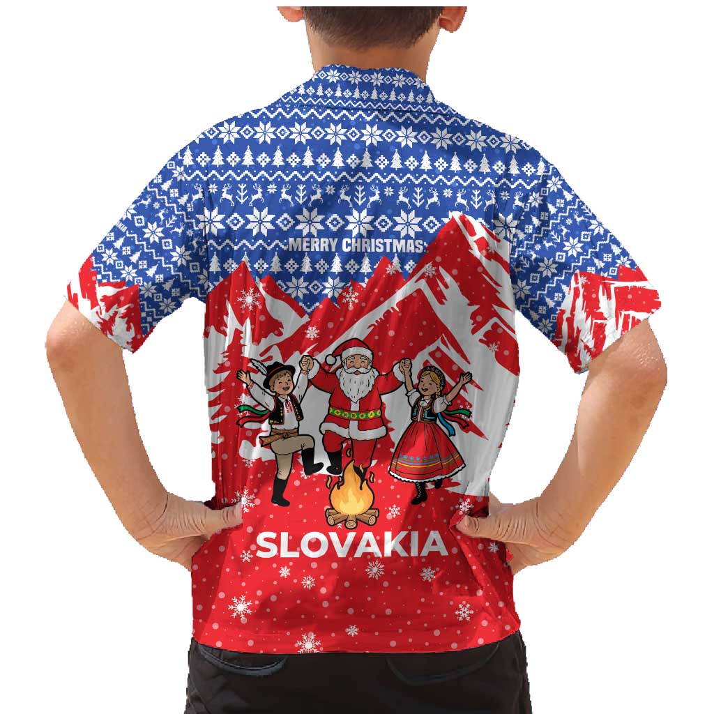 Slovakia Christmas Family Matching Mermaid Dress and Hawaiian Shirt with Santa and Dancers by Campfire Snowy Mountains and Red Blue Snowflake Pattern Design - Wonder Print Shop