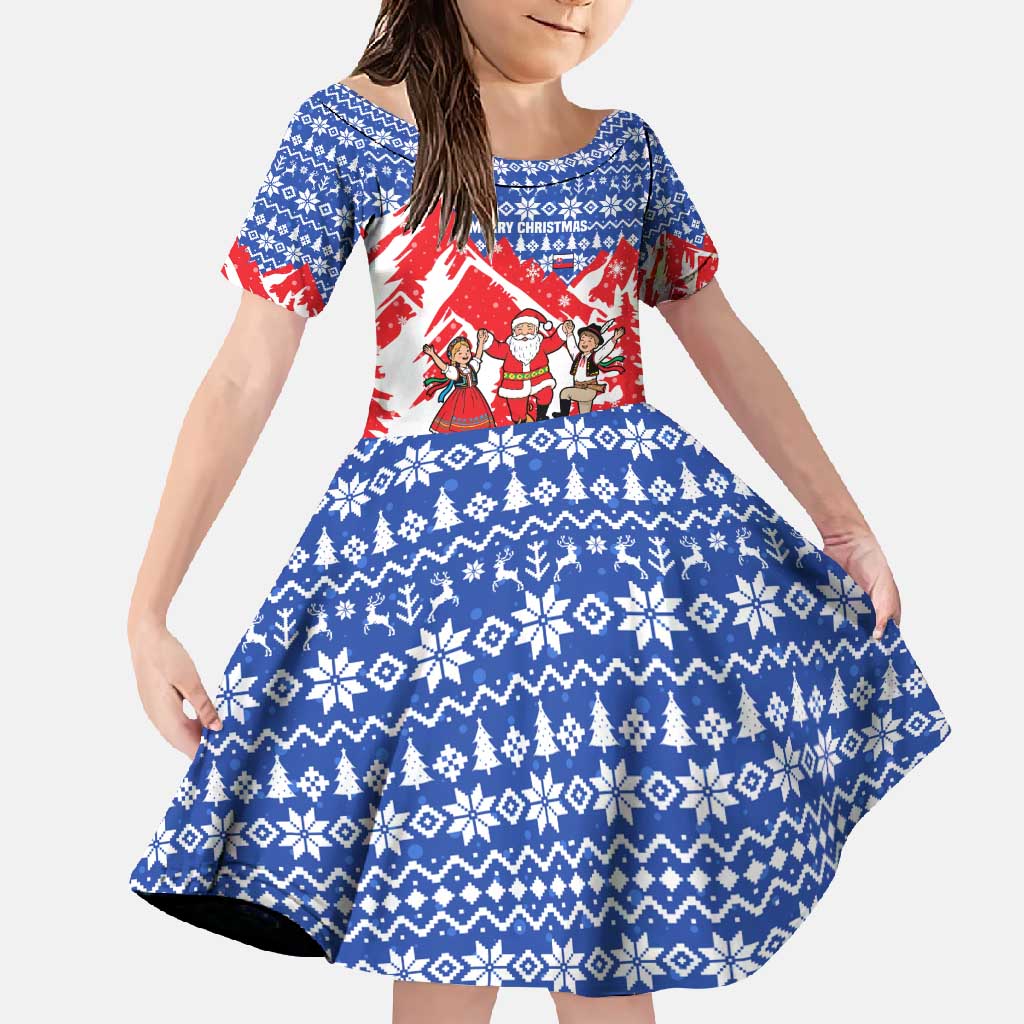 Slovakia Christmas Family Matching Mermaid Dress and Hawaiian Shirt with Santa and Dancers by Campfire Snowy Mountains and Red Blue Snowflake Pattern Design - Wonder Print Shop