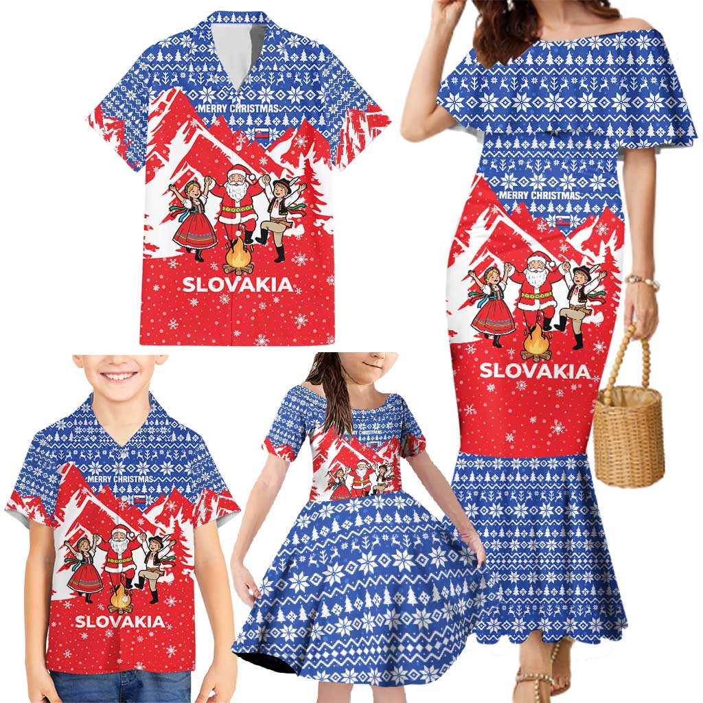 Slovakia Christmas Family Matching Mermaid Dress and Hawaiian Shirt with Santa and Dancers by Campfire Snowy Mountains and Red Blue Snowflake Pattern Design - Wonder Print Shop