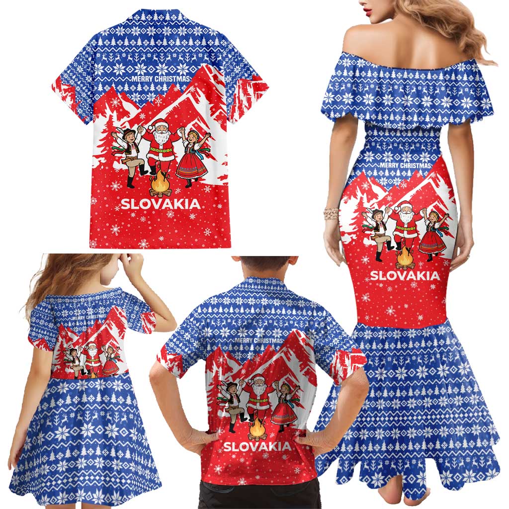 Slovakia Christmas Family Matching Mermaid Dress and Hawaiian Shirt with Santa and Dancers by Campfire Snowy Mountains and Red Blue Snowflake Pattern Design - Wonder Print Shop