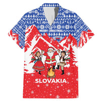 Slovakia Christmas Family Matching Mermaid Dress and Hawaiian Shirt with Santa and Dancers by Campfire Snowy Mountains and Red Blue Snowflake Pattern Design - Wonder Print Shop