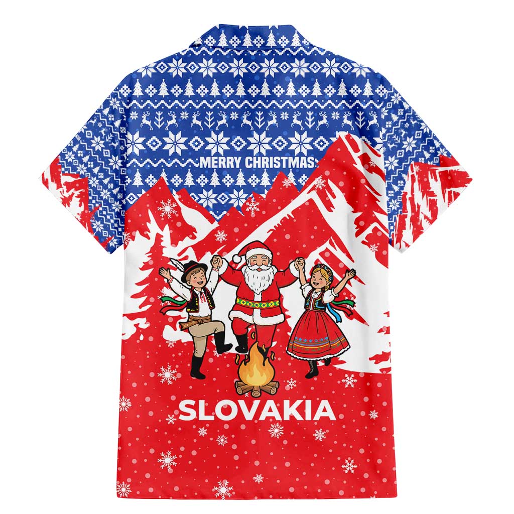 Slovakia Christmas Family Matching Mermaid Dress and Hawaiian Shirt with Santa and Dancers by Campfire Snowy Mountains and Red Blue Snowflake Pattern Design - Wonder Print Shop