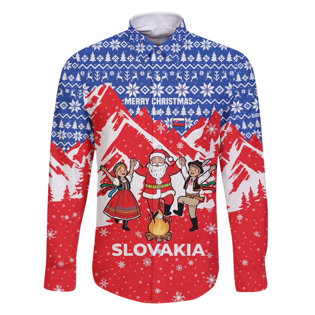 Slovakia Christmas Family Matching Mermaid Dress and Hawaiian Shirt with Santa and Dancers by Campfire Snowy Mountains and Red Blue Snowflake Pattern Design - Wonder Print Shop