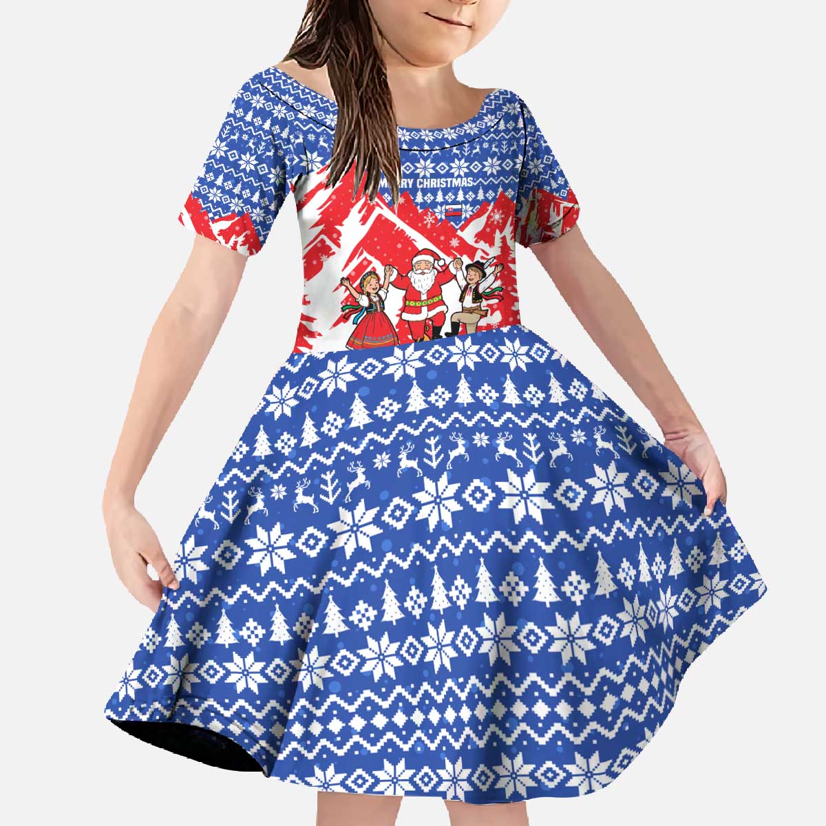Slovakia Christmas Family Matching Off The Shoulder Long Sleeve Dress and Hawaiian Shirt with Santa and Dancers by Campfire Snowy Mountains and Red Blue Snowflake Pattern Design - Wonder Print Shop