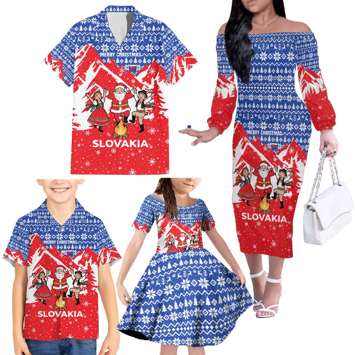 Slovakia Christmas Family Matching Off The Shoulder Long Sleeve Dress and Hawaiian Shirt with Santa and Dancers by Campfire Snowy Mountains and Red Blue Snowflake Pattern Design - Wonder Print Shop