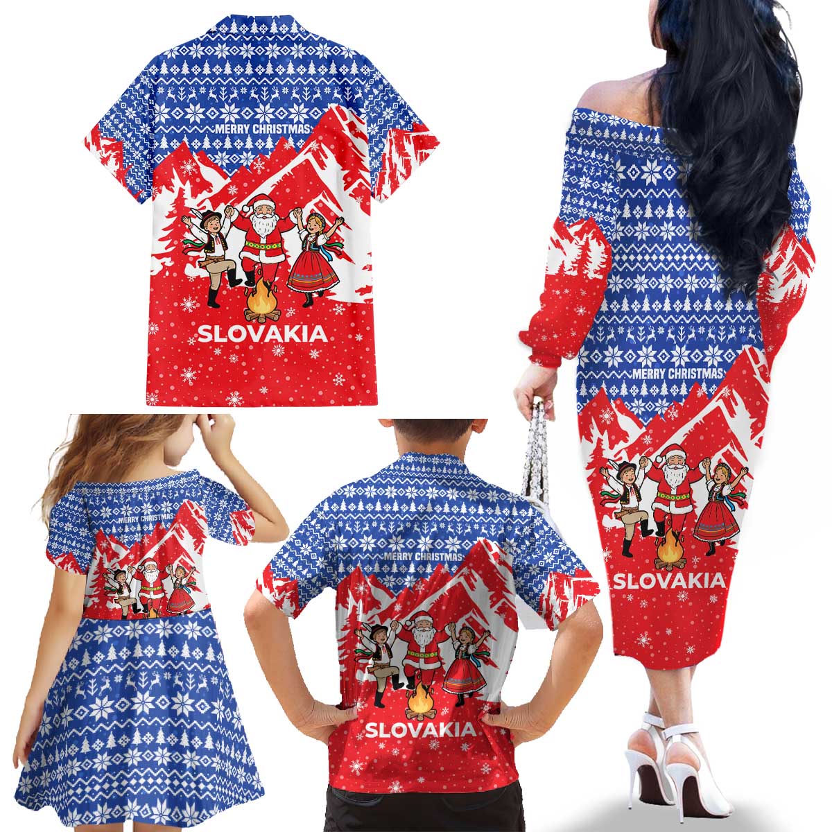 Slovakia Christmas Family Matching Off The Shoulder Long Sleeve Dress and Hawaiian Shirt with Santa and Dancers by Campfire Snowy Mountains and Red Blue Snowflake Pattern Design - Wonder Print Shop