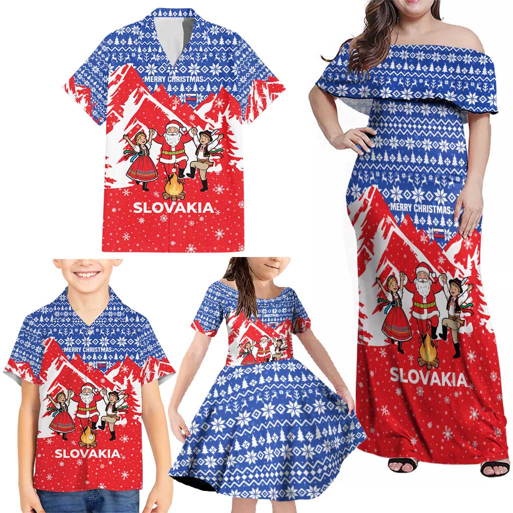 Slovakia Christmas Family Matching Off Shoulder Maxi Dress and Hawaiian Shirt with Santa and Dancers by Campfire Snowy Mountains and Red Blue Snowflake Pattern Design - Wonder Print Shop
