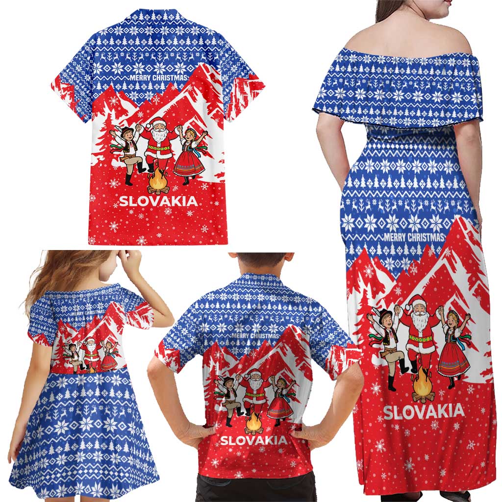 Slovakia Christmas Family Matching Off Shoulder Maxi Dress and Hawaiian Shirt with Santa and Dancers by Campfire Snowy Mountains and Red Blue Snowflake Pattern Design - Wonder Print Shop