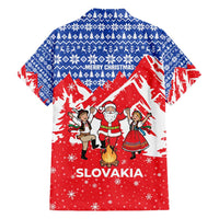 Slovakia Christmas Family Matching Off Shoulder Maxi Dress and Hawaiian Shirt with Santa and Dancers by Campfire Snowy Mountains and Red Blue Snowflake Pattern Design - Wonder Print Shop