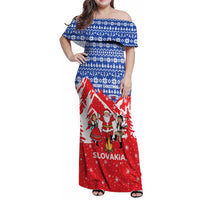 Slovakia Christmas Family Matching Off Shoulder Maxi Dress and Hawaiian Shirt with Santa and Dancers by Campfire Snowy Mountains and Red Blue Snowflake Pattern Design - Wonder Print Shop