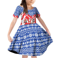 Slovakia Christmas Family Matching Off Shoulder Short Dress and Hawaiian Shirt with Santa and Dancers by Campfire Snowy Mountains and Red Blue Snowflake Pattern Design - Wonder Print Shop