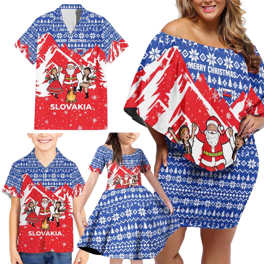 Slovakia Christmas Family Matching Off Shoulder Short Dress and Hawaiian Shirt with Santa and Dancers by Campfire Snowy Mountains and Red Blue Snowflake Pattern Design - Wonder Print Shop