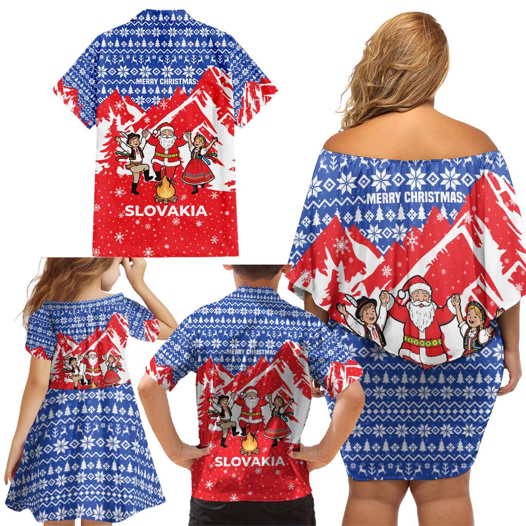 Slovakia Christmas Family Matching Off Shoulder Short Dress and Hawaiian Shirt with Santa and Dancers by Campfire Snowy Mountains and Red Blue Snowflake Pattern Design - Wonder Print Shop