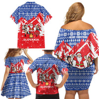 Slovakia Christmas Family Matching Off Shoulder Short Dress and Hawaiian Shirt with Santa and Dancers by Campfire Snowy Mountains and Red Blue Snowflake Pattern Design - Wonder Print Shop