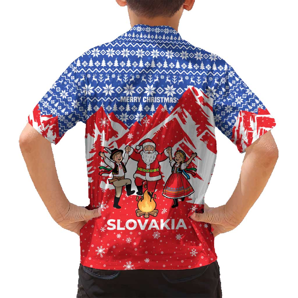 Slovakia Christmas Family Matching Puletasi and Hawaiian Shirt with Santa and Dancers by Campfire Snowy Mountains and Red Blue Snowflake Pattern Design - Wonder Print Shop
