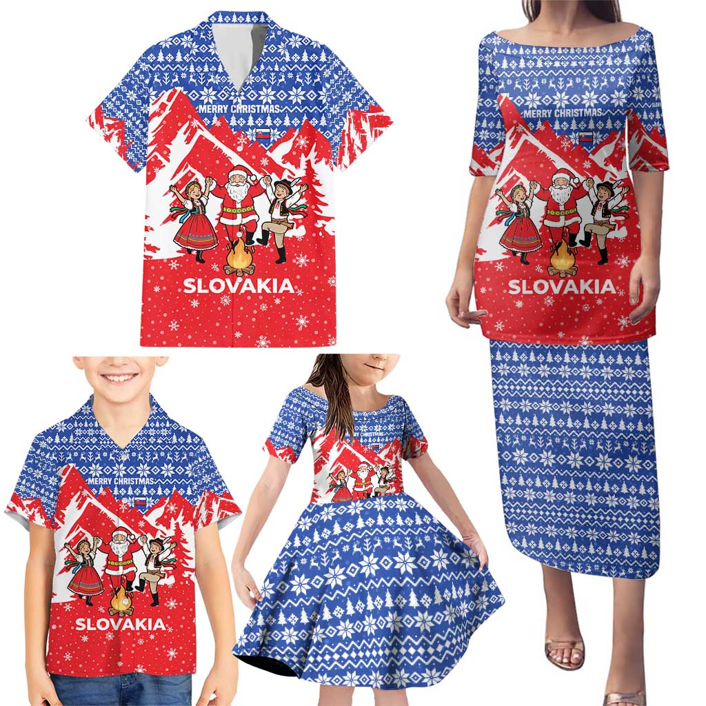 Slovakia Christmas Family Matching Puletasi and Hawaiian Shirt with Santa and Dancers by Campfire Snowy Mountains and Red Blue Snowflake Pattern Design - Wonder Print Shop