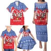 Slovakia Christmas Family Matching Puletasi and Hawaiian Shirt with Santa and Dancers by Campfire Snowy Mountains and Red Blue Snowflake Pattern Design - Wonder Print Shop