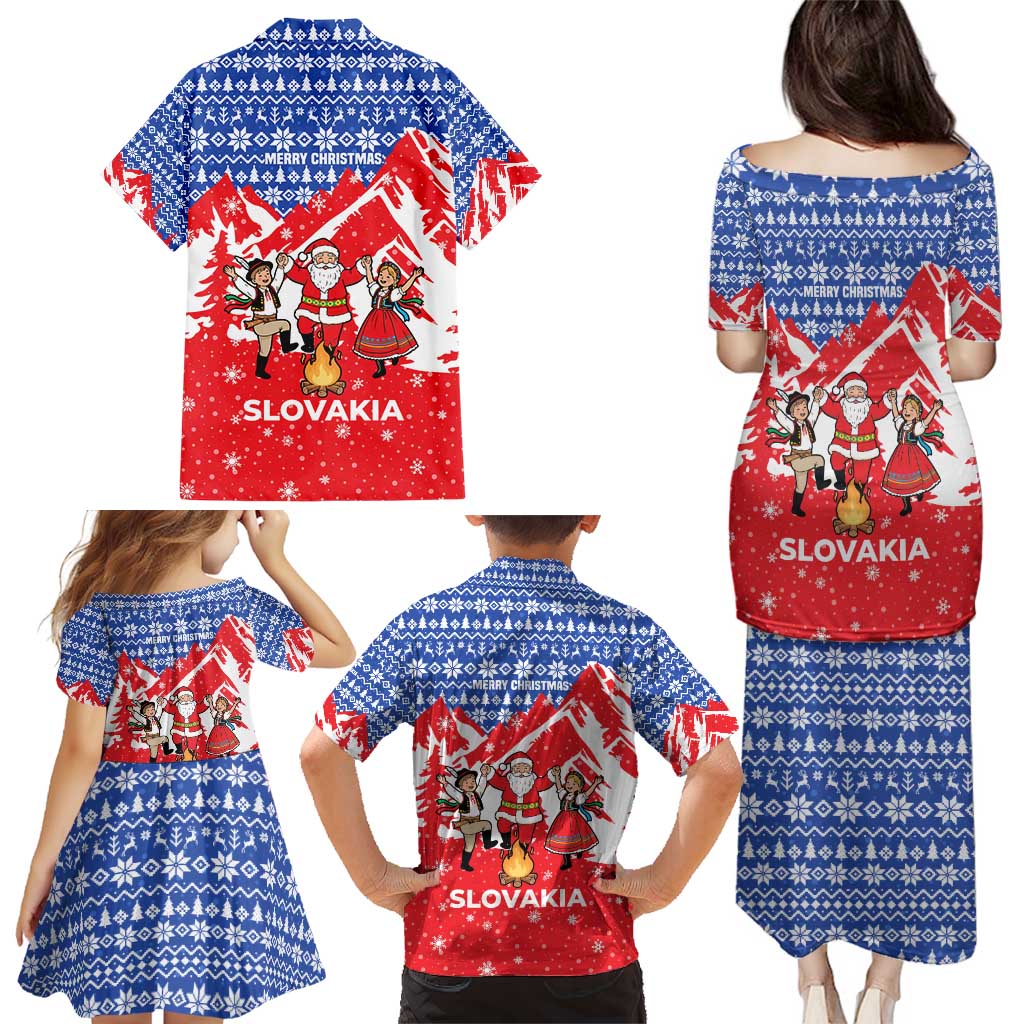 Slovakia Christmas Family Matching Puletasi and Hawaiian Shirt with Santa and Dancers by Campfire Snowy Mountains and Red Blue Snowflake Pattern Design - Wonder Print Shop