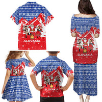 Slovakia Christmas Family Matching Puletasi and Hawaiian Shirt with Santa and Dancers by Campfire Snowy Mountains and Red Blue Snowflake Pattern Design - Wonder Print Shop