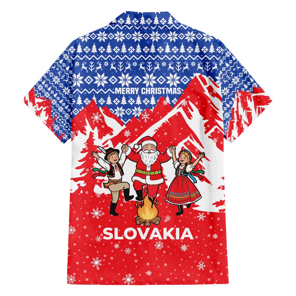 Slovakia Christmas Family Matching Puletasi and Hawaiian Shirt with Santa and Dancers by Campfire Snowy Mountains and Red Blue Snowflake Pattern Design - Wonder Print Shop