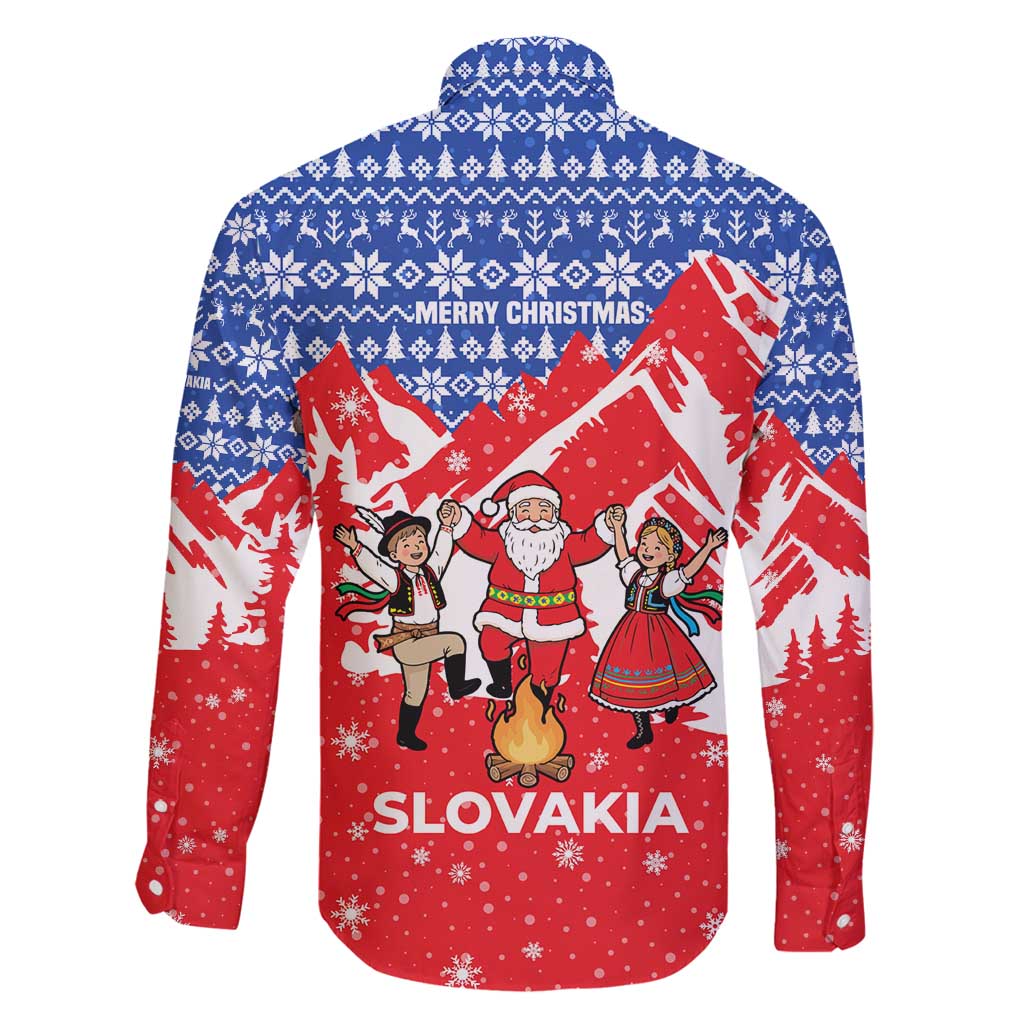 Slovakia Christmas Family Matching Puletasi and Hawaiian Shirt with Santa and Dancers by Campfire Snowy Mountains and Red Blue Snowflake Pattern Design - Wonder Print Shop