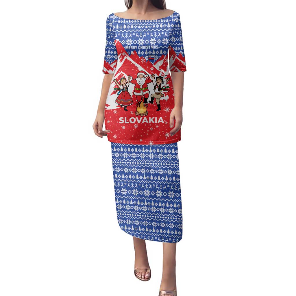 Slovakia Christmas Family Matching Puletasi and Hawaiian Shirt with Santa and Dancers by Campfire Snowy Mountains and Red Blue Snowflake Pattern Design - Wonder Print Shop