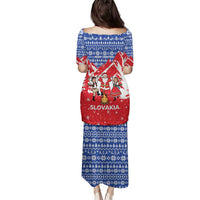 Slovakia Christmas Family Matching Puletasi and Hawaiian Shirt with Santa and Dancers by Campfire Snowy Mountains and Red Blue Snowflake Pattern Design - Wonder Print Shop