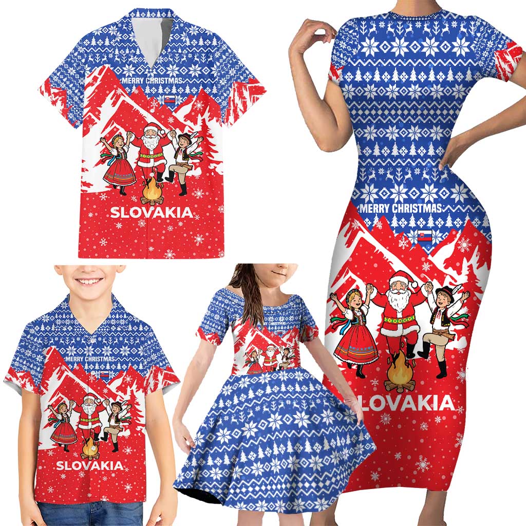 Slovakia Christmas Family Matching Short Sleeve Bodycon Dress and Hawaiian Shirt with Santa and Dancers by Campfire Snowy Mountains and Red Blue Snowflake Pattern Design - Wonder Print Shop