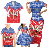 Slovakia Christmas Family Matching Short Sleeve Bodycon Dress and Hawaiian Shirt with Santa and Dancers by Campfire Snowy Mountains and Red Blue Snowflake Pattern Design - Wonder Print Shop